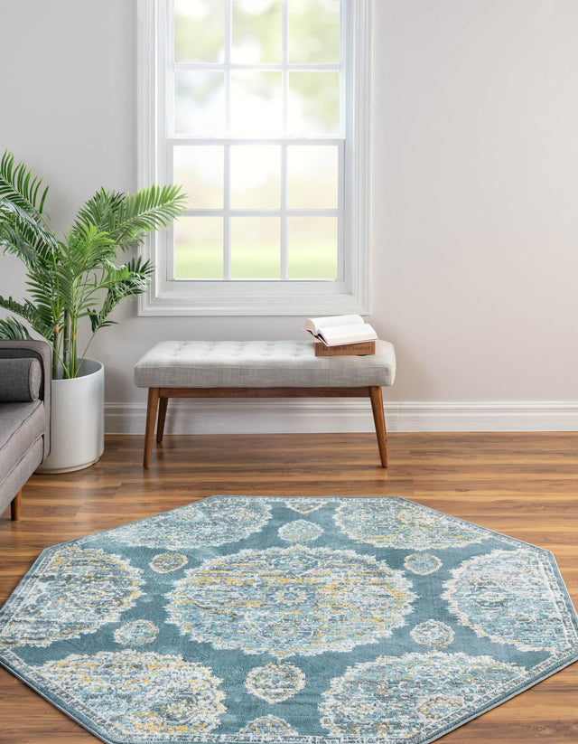 Gray and Blue 4' x 4' Paragon Octagon Area Rug 100% Polypropylene Colorful Vivid Boho Style Modern Carpet for Unique Interiors for Sale at Rug Engine