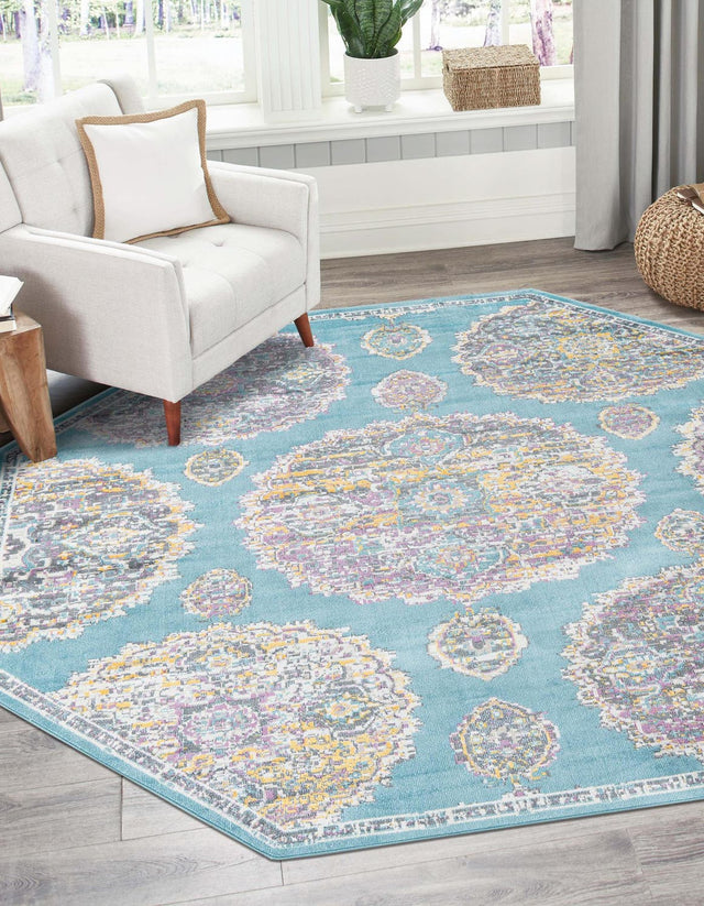 Blue 6' x 6' Paragon Octagon Area Rug 100% Polypropylene Colorful Vivid Boho Style Modern Carpet for Unique Interiors for Sale at Rug Engine