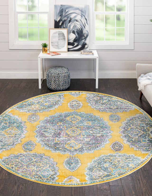Yellow 3' 3 x 3' 3 Paragon Round Area Rug 100% Polypropylene Colorful Vivid Boho Style Modern Carpet for Unique Interiors for Sale at Rug Engine