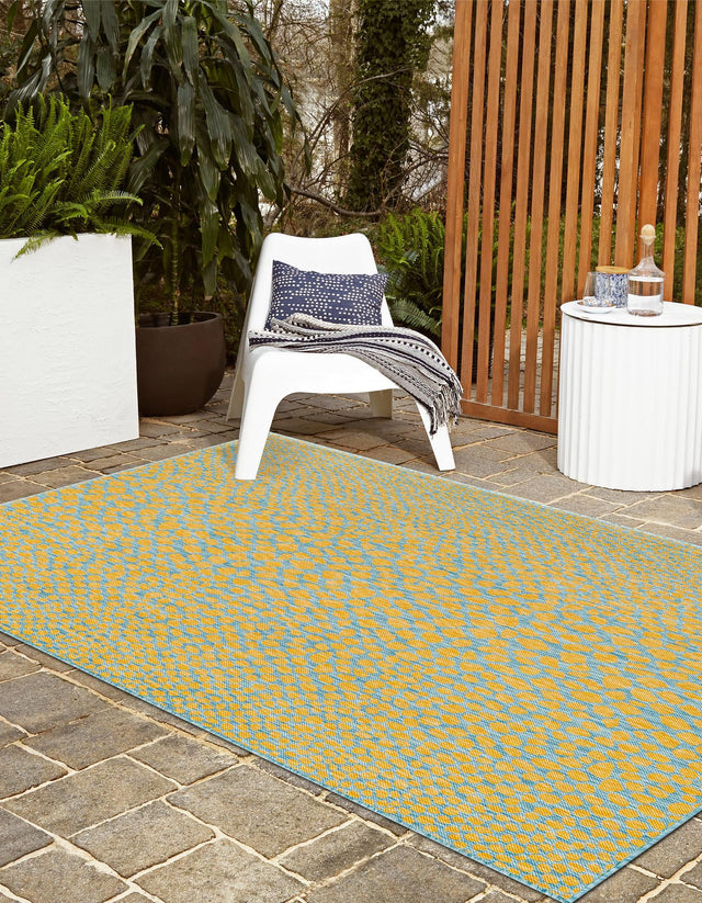 Yellow and Aqua 5' 3 x 8' Jill Zarin Outdoor Rectangle Area Rug Weather Resistant for Patio, Deck, Terrace, Balcony, Porch Durable 100% Polypropylene Carpet for Outside for Sale at Rug Engine