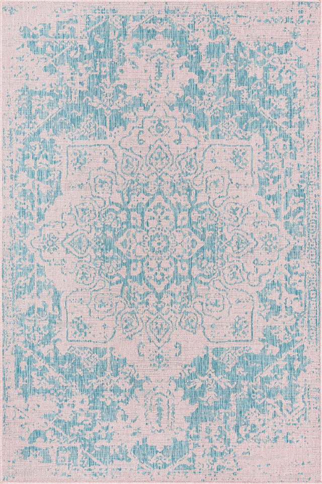 Pink and Aqua 5' 3 x 8' Jill Zarin Outdoor Rectangle Area Rug Weather Resistant for Patio, Deck, Terrace, Balcony, Porch Durable 100% Polypropylene Carpet for Outside for Sale at Rug Engine