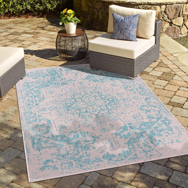 Pink and Aqua 5' 3 x 8' Jill Zarin Outdoor Rectangle Area Rug Weather Resistant for Patio, Deck, Terrace, Balcony, Porch Durable 100% Polypropylene Carpet for Outside for Sale at Rug Engine