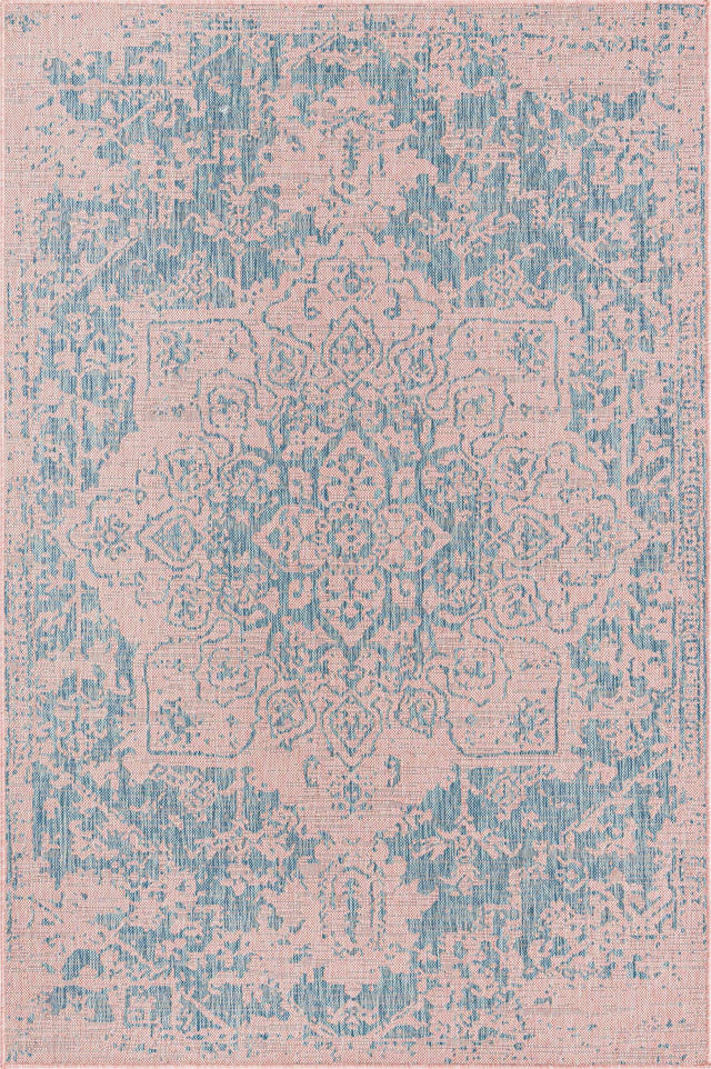 Pink and Aqua 5' 3 x 8' Jill Zarin Outdoor Rectangle Area Rug Weather Resistant for Patio, Deck, Terrace, Balcony, Porch Durable 100% Polypropylene Carpet for Outside for Sale at Rug Engine