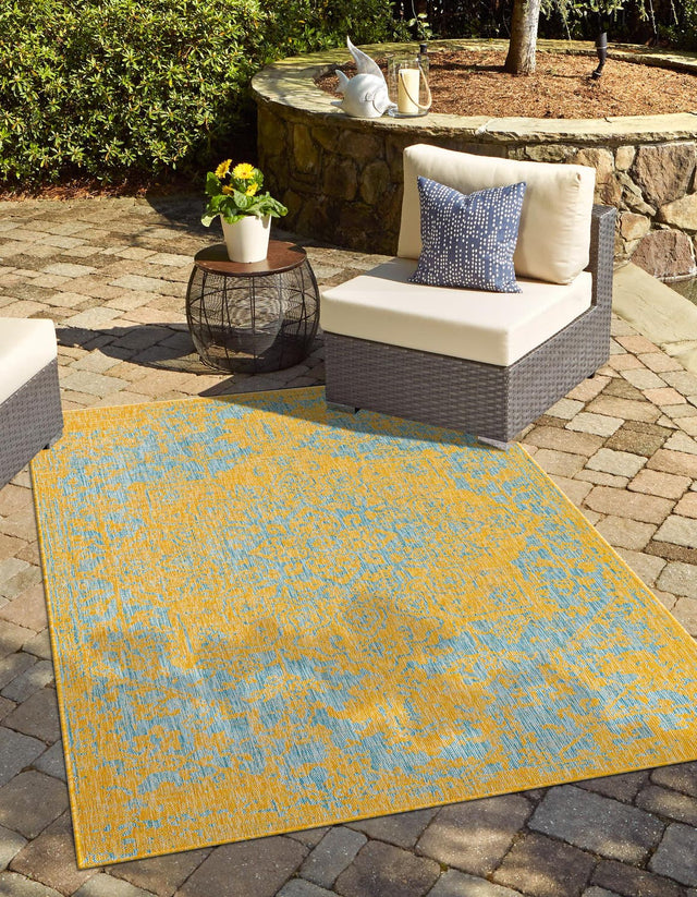 Yellow and Aqua 7' 1 x 10' Jill Zarin Outdoor Rectangle Area Rug Weather Resistant for Patio, Deck, Terrace, Balcony, Porch Durable 100% Polypropylene Carpet for Outside for Sale at Rug Engine