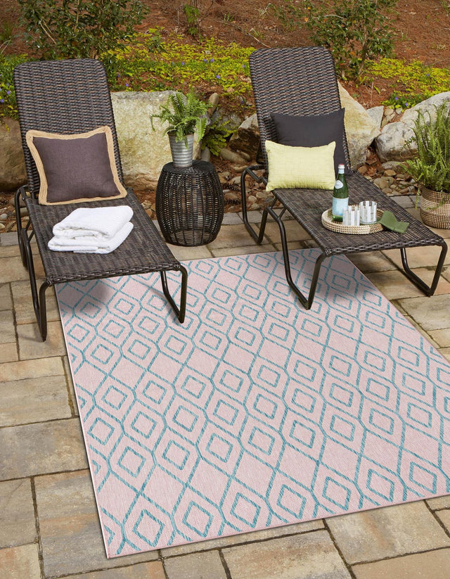 Pink and Aqua 4' 1 x 6' 1 Jill Zarin Outdoor Rectangle Area Rug Weather Resistant for Patio, Deck, Terrace, Balcony, Porch Durable 100% Polypropylene Carpet for Outside for Sale at Rug Engine