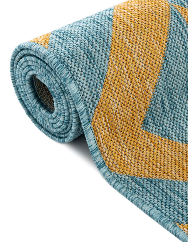 Yellow and Aqua 5' 3 x 8' Jill Zarin Outdoor Rectangle Area Rug Weather Resistant for Patio, Deck, Terrace, Balcony, Porch Durable 100% Polypropylene Carpet for Outside for Sale at Rug Engine