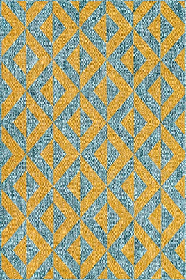 Yellow and Aqua 5' 3 x 8' Jill Zarin Outdoor Rectangle Area Rug Weather Resistant for Patio, Deck, Terrace, Balcony, Porch Durable 100% Polypropylene Carpet for Outside for Sale at Rug Engine