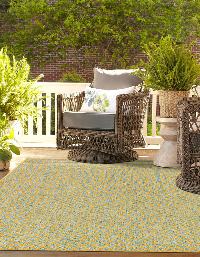 Yellow and Aqua 5' 3 x 8' Jill Zarin Outdoor Rectangle Area Rug Weather Resistant for Patio, Deck, Terrace, Balcony, Porch Durable 100% Polypropylene Carpet for Outside for Sale at Rug Engine