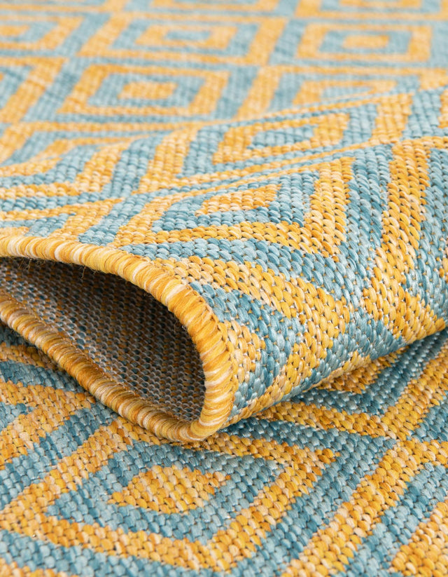 Yellow and Aqua 5' 3 x 8' Jill Zarin Outdoor Rectangle Area Rug Weather Resistant for Patio, Deck, Terrace, Balcony, Porch Durable 100% Polypropylene Carpet for Outside for Sale at Rug Engine