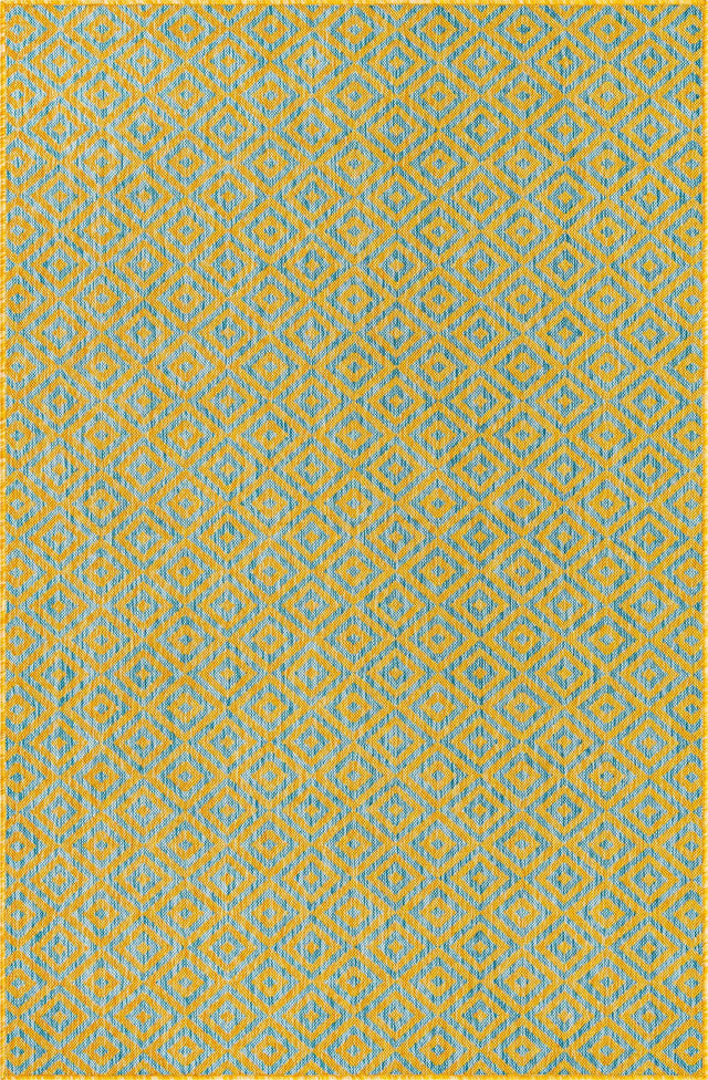Yellow and Aqua 5' 3 x 8' Jill Zarin Outdoor Rectangle Area Rug Weather Resistant for Patio, Deck, Terrace, Balcony, Porch Durable 100% Polypropylene Carpet for Outside for Sale at Rug Engine