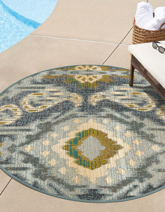Blue 2' 7 x 2' 7 Outdoor Modern Round Area Rug Weather Resistant for Patio, Deck, Terrace, Balcony, Porch 100% Polypropylene Modern Outside Carpet for Sale at Rug Engine