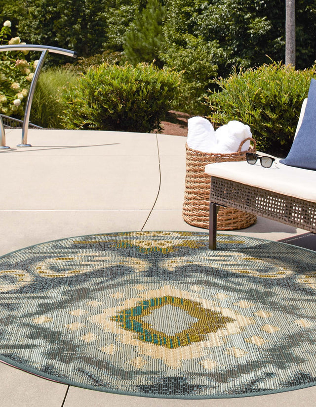Blue 2' 7 x 2' 7 Outdoor Modern Round Area Rug Weather Resistant for Patio, Deck, Terrace, Balcony, Porch 100% Polypropylene Modern Outside Carpet for Sale at Rug Engine