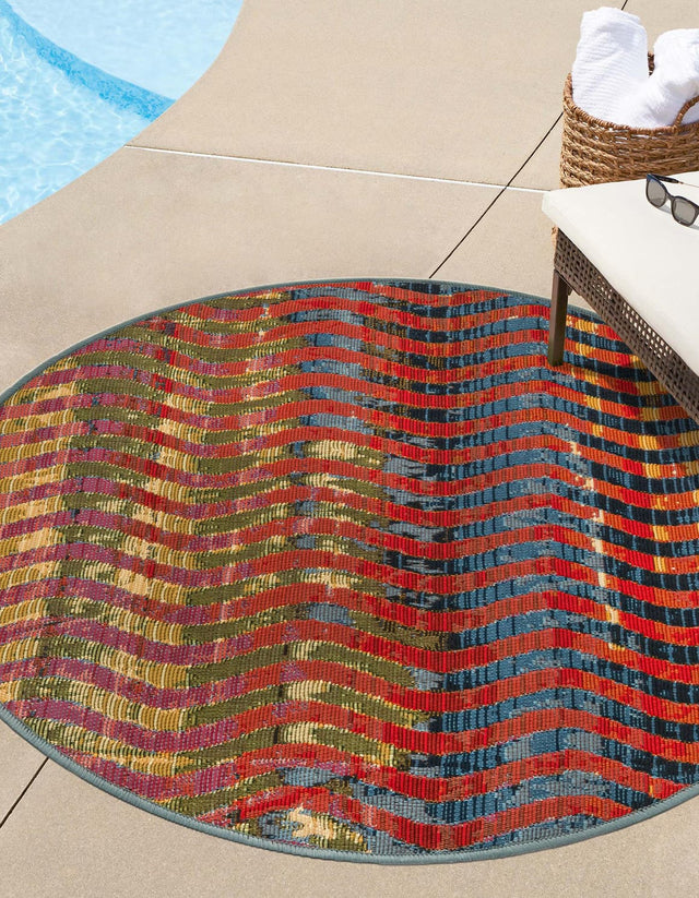 Multicolor 2' 7 x 2' 7 Outdoor Modern Round Area Rug Weather Resistant for Patio, Deck, Terrace, Balcony, Porch 100% Polypropylene Modern Outside Carpet for Sale at Rug Engine