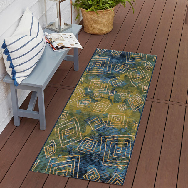 Blue 2' 7 x 5' 3 Outdoor Modern Runner Area Rug Weather Resistant for Patio, Deck, Terrace, Balcony, Porch 100% Polypropylene Modern Outside Carpet for Sale at Rug Engine