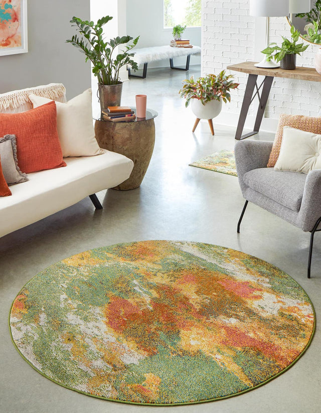 Green 3' 3 x 3' 3 Haerfest Round Area Rug Abstract Super Colorful Modern Vivid Carpet for Unique Interior Design Room Decorating for Sale at Rug Engine