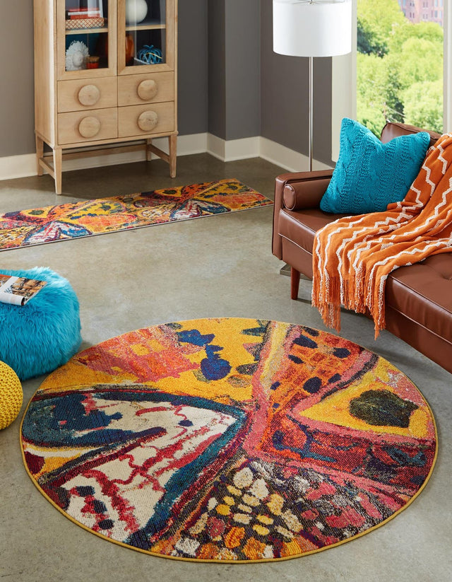 Yellow 7' 10 x 7' 10 Haerfest Round Area Rug Abstract Super Colorful Modern Vivid Carpet for Unique Interior Design Room Decorating for Sale at Rug Engine