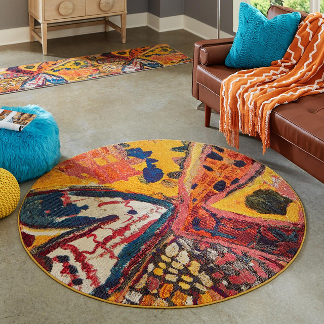 Yellow 7' 10 x 7' 10 Haerfest Round Area Rug Abstract Super Colorful Modern Vivid Carpet for Unique Interior Design Room Decorating for Sale at Rug Engine
