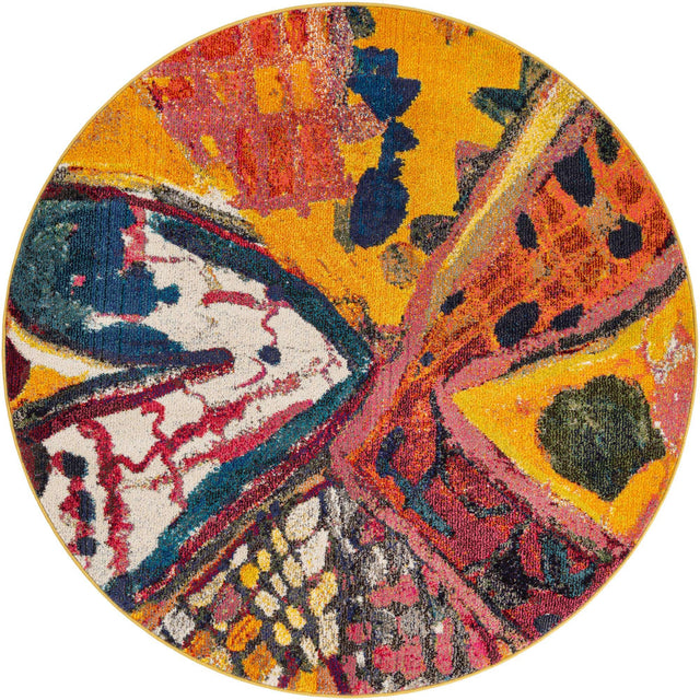 Yellow 5' 3 x 5' 3 Haerfest Round Area Rug Abstract Super Colorful Modern Vivid Carpet for Unique Interior Design Room Decorating for Sale at Rug Engine