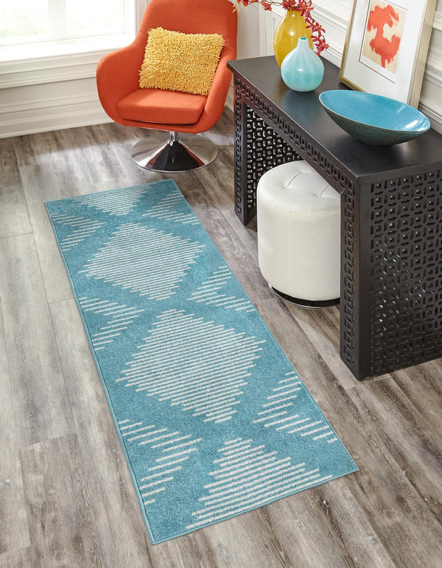 Light Blue 3' 3 x 14' 1 Kai Runner Area Rug Easy Clean 100% Polypropylene With Cotton Backing Modern Geometric Carpet for Living, Dining, Office, Bedroom for Sale at Rug Engine