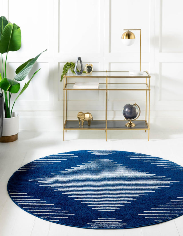 Navy Blue 3' 1 x 3' 1 Kai Round Area Rug Easy Clean 100% Polypropylene With Cotton Backing Modern Geometric Carpet for Living, Dining, Office, Bedroom for Sale at Rug Engine
