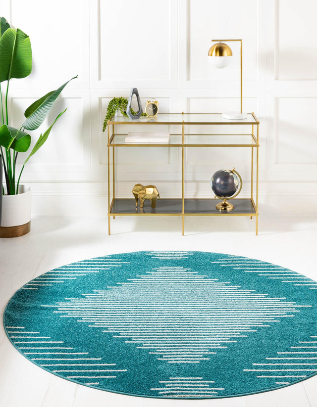 Turquoise 2' x 7' 10 Kai Round Area Rug Easy Clean 100% Polypropylene With Cotton Backing Modern Geometric Carpet for Living, Dining, Office, Bedroom for Sale at Rug Engine