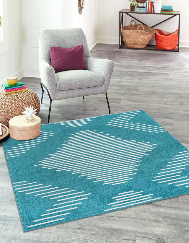 Turquoise 7' 1 x 7' 1 Kai Square Area Rug Easy Clean 100% Polypropylene With Cotton Backing Modern Geometric Carpet for Living, Dining, Office, Bedroom for Sale at Rug Engine