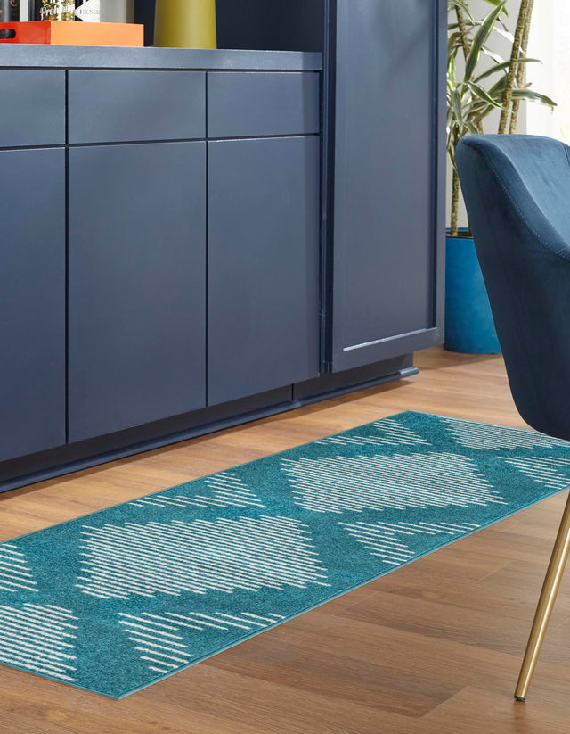 Turquoise 2' x 6' 1 Kai Runner Area Rug Easy Clean 100% Polypropylene With Cotton Backing Modern Geometric Carpet for Living, Dining, Office, Bedroom for Sale at Rug Engine