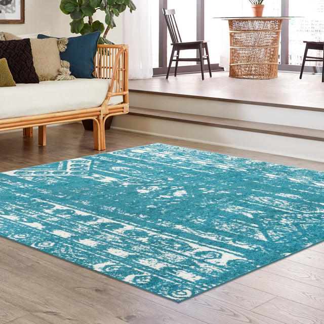 Turquoise 7' 1 x 7' 1 Lennon Square Area Rug 100% Polypropylene Vintage Distressed Look Modern Contemporary Carpet for Home Decor for Sale at Rug Engine