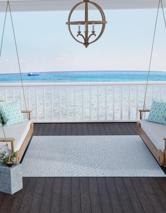 Pink and Aqua 7' 10 x 7' 10 Jill Zarin Outdoor Square Area Rug Weather Resistant for Patio, Deck, Terrace, Balcony, Porch Durable 100% Polypropylene Carpet for Outside for Sale at Rug Engine