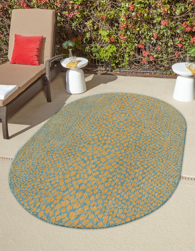 Yellow and Aqua 5' 3 x 8' Jill Zarin Outdoor Oval Area Rug Weather Resistant for Patio, Deck, Terrace, Balcony, Porch Durable 100% Polypropylene Carpet for Outside for Sale at Rug Engine