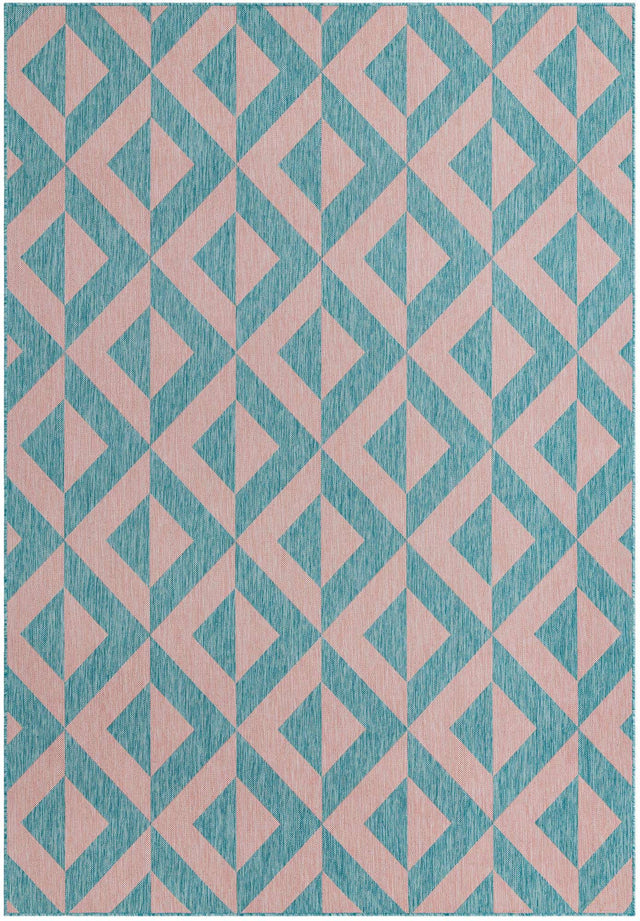 Pink and Aqua 7' 1 x 10' Jill Zarin Outdoor Rectangle Area Rug Weather Resistant for Patio, Deck, Terrace, Balcony, Porch Durable 100% Polypropylene Carpet for Outside for Sale at Rug Engine