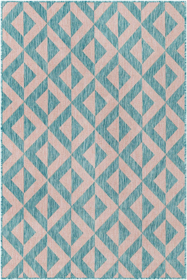 Pink and Aqua 4' 1 x 6' 1 Jill Zarin Outdoor Rectangle Area Rug Weather Resistant for Patio, Deck, Terrace, Balcony, Porch Durable 100% Polypropylene Carpet for Outside for Sale at Rug Engine