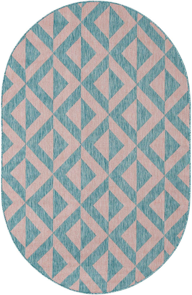 Pink and Aqua 5' 3 x 8' Jill Zarin Outdoor Oval Area Rug Weather Resistant for Patio, Deck, Terrace, Balcony, Porch Durable 100% Polypropylene Carpet for Outside for Sale at Rug Engine