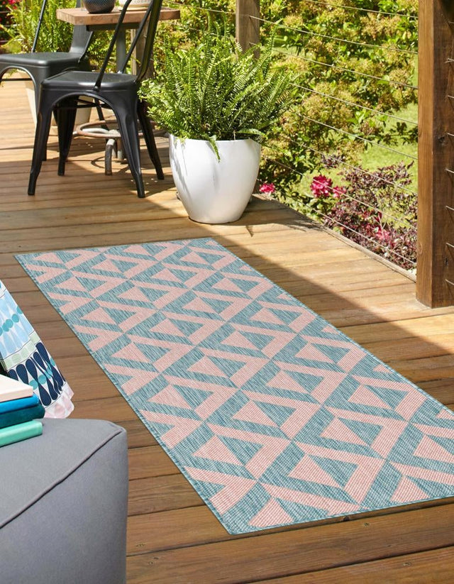 Pink and Aqua 2' x 8' Jill Zarin Outdoor Runner Area Rug Weather Resistant for Patio, Deck, Terrace, Balcony, Porch Durable 100% Polypropylene Carpet for Outside for Sale at Rug Engine