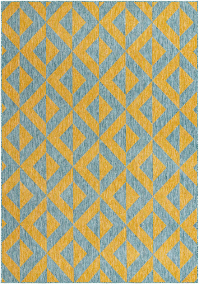 Yellow and Aqua 7' 10 x 10' Jill Zarin Outdoor Rectangle Area Rug Weather Resistant for Patio, Deck, Terrace, Balcony, Porch Durable 100% Polypropylene Carpet for Outside for Sale at Rug Engine