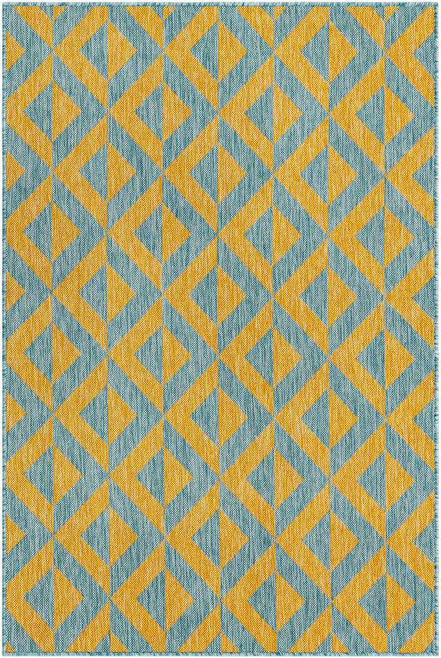 Yellow and Aqua 4' 1 x 6' 1 Jill Zarin Outdoor Rectangle Area Rug Weather Resistant for Patio, Deck, Terrace, Balcony, Porch Durable 100% Polypropylene Carpet for Outside for Sale at Rug Engine