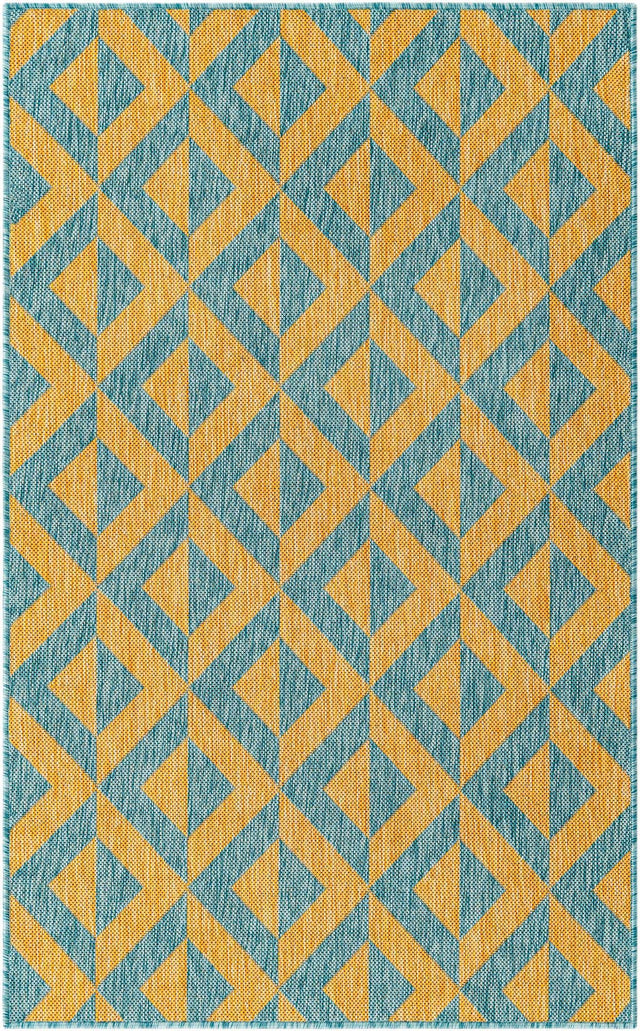 Yellow and Aqua 3' 1 x 5' 3 Jill Zarin Outdoor Rectangle Area Rug Weather Resistant for Patio, Deck, Terrace, Balcony, Porch Durable 100% Polypropylene Carpet for Outside for Sale at Rug Engine