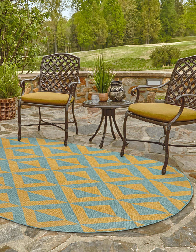 Yellow and Aqua 5' 3 x 8' Jill Zarin Outdoor Oval Area Rug Weather Resistant for Patio, Deck, Terrace, Balcony, Porch Durable 100% Polypropylene Carpet for Outside for Sale at Rug Engine