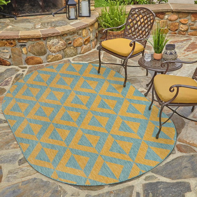 Yellow and Aqua 5' 3 x 8' Jill Zarin Outdoor Oval Area Rug Weather Resistant for Patio, Deck, Terrace, Balcony, Porch Durable 100% Polypropylene Carpet for Outside for Sale at Rug Engine