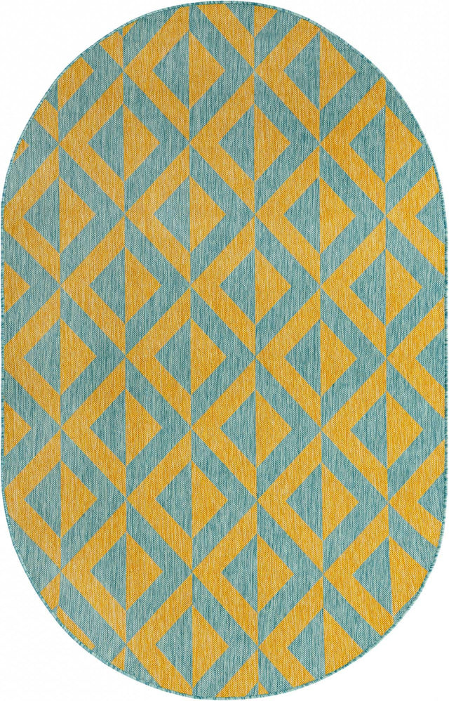 Yellow and Aqua 5' 3 x 8' Jill Zarin Outdoor Oval Area Rug Weather Resistant for Patio, Deck, Terrace, Balcony, Porch Durable 100% Polypropylene Carpet for Outside for Sale at Rug Engine