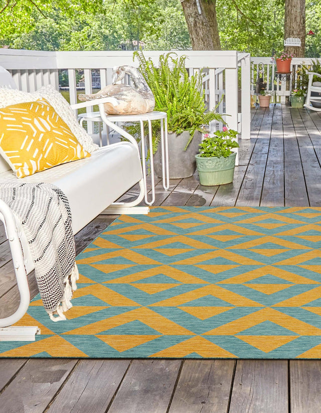 Yellow and Aqua 7' 10 x 7' 10 Jill Zarin Outdoor Square Area Rug Weather Resistant for Patio, Deck, Terrace, Balcony, Porch Durable 100% Polypropylene Carpet for Outside for Sale at Rug Engine