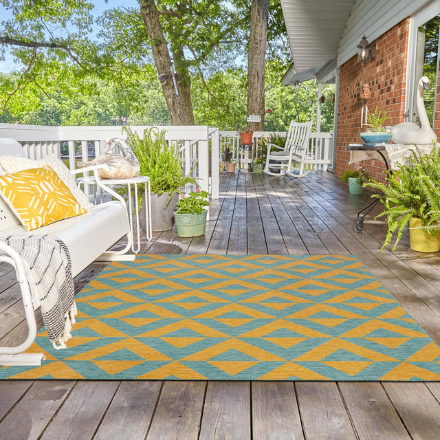Yellow and Aqua 7' 10 x 7' 10 Jill Zarin Outdoor Square Area Rug Weather Resistant for Patio, Deck, Terrace, Balcony, Porch Durable 100% Polypropylene Carpet for Outside for Sale at Rug Engine