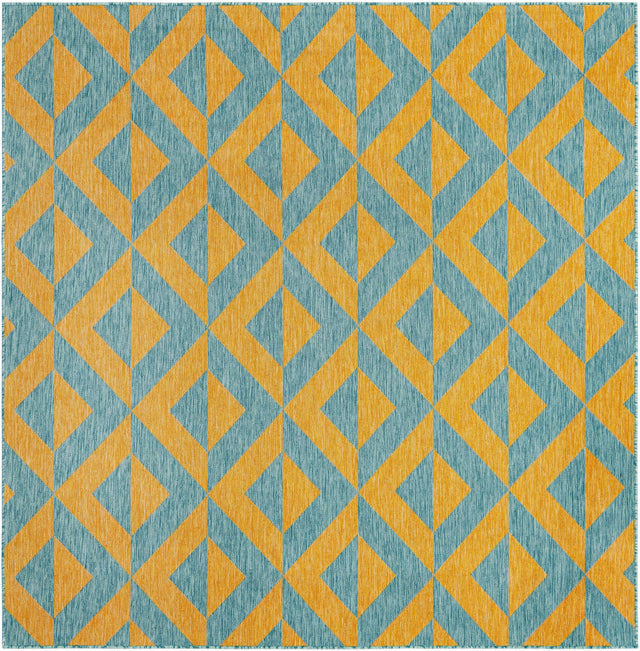 Yellow and Aqua 7' 10 x 7' 10 Jill Zarin Outdoor Square Area Rug Weather Resistant for Patio, Deck, Terrace, Balcony, Porch Durable 100% Polypropylene Carpet for Outside for Sale at Rug Engine