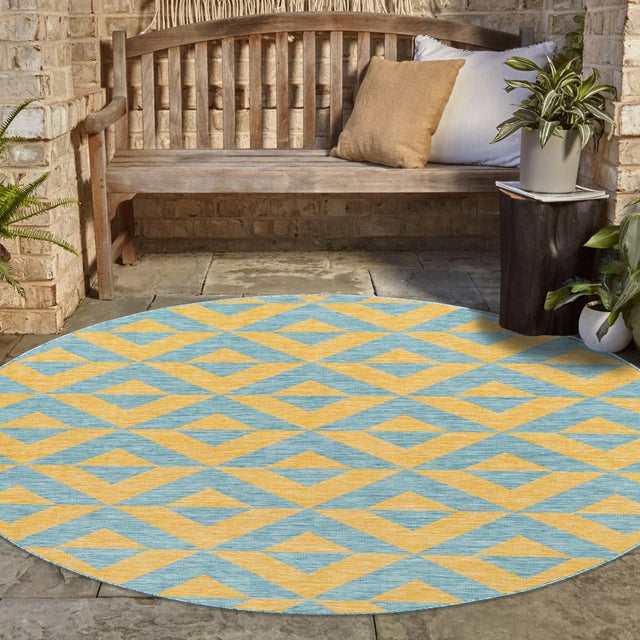 Yellow and Aqua 10' 8 x 10' 8 Jill Zarin Outdoor Round Area Rug Weather Resistant for Patio, Deck, Terrace, Balcony, Porch Durable 100% Polypropylene Carpet for Outside for Sale at Rug Engine