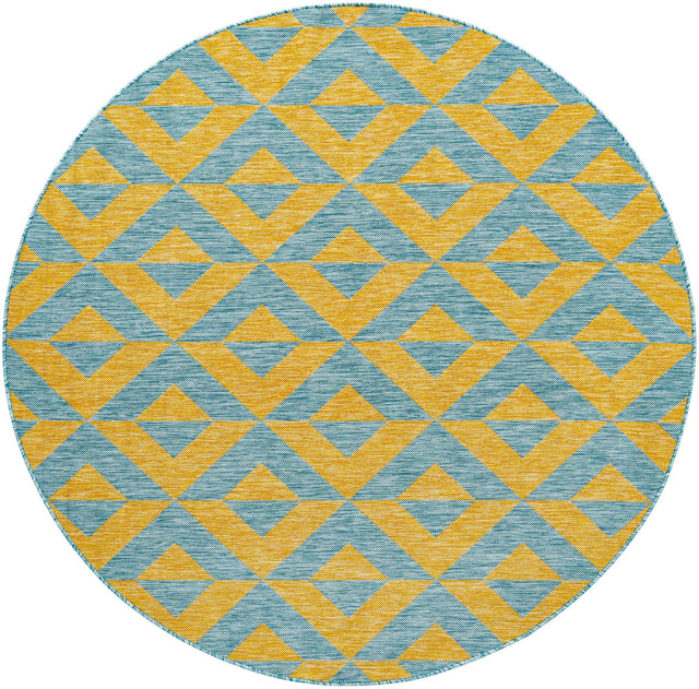 Yellow and Aqua 6' 7 x 6' 7 Jill Zarin Outdoor Round Area Rug Weather Resistant for Patio, Deck, Terrace, Balcony, Porch Durable 100% Polypropylene Carpet for Outside for Sale at Rug Engine