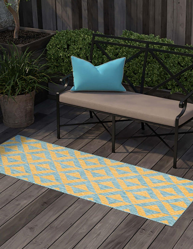 Yellow and Aqua 2' x 6' 1 Jill Zarin Outdoor Runner Area Rug Weather Resistant for Patio, Deck, Terrace, Balcony, Porch Durable 100% Polypropylene Carpet for Outside for Sale at Rug Engine