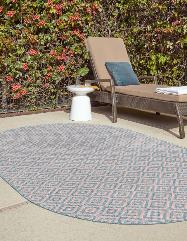 Pink and Aqua 7' 10 x 10' Jill Zarin Outdoor Oval Area Rug Weather Resistant for Patio, Deck, Terrace, Balcony, Porch Durable 100% Polypropylene Carpet for Outside for Sale at Rug Engine