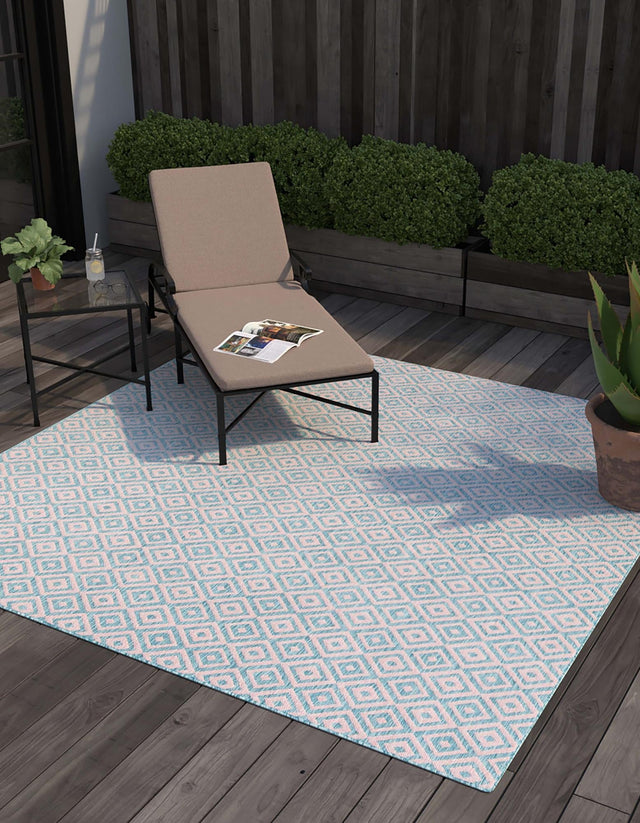 Pink and Aqua 7' 10 x 7' 10 Jill Zarin Outdoor Square Area Rug Weather Resistant for Patio, Deck, Terrace, Balcony, Porch Durable 100% Polypropylene Carpet for Outside for Sale at Rug Engine