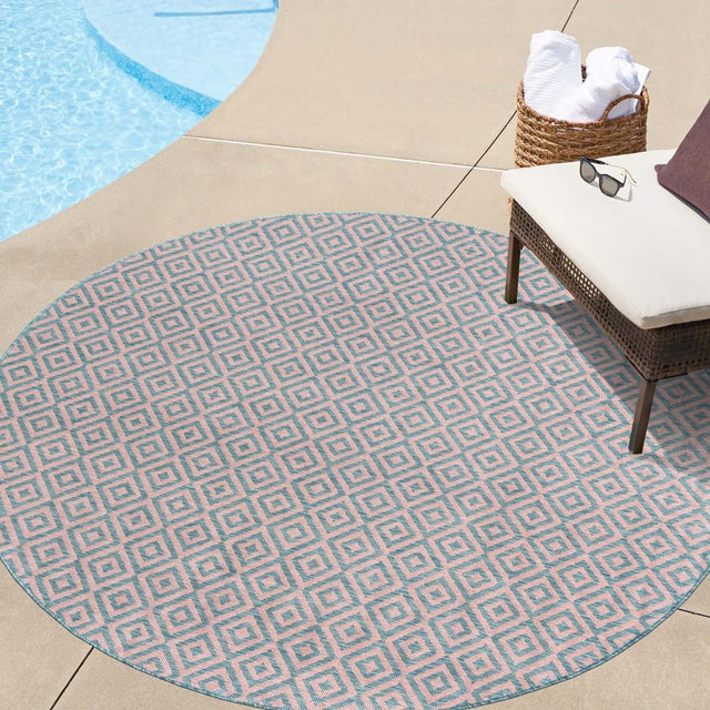 Pink and Aqua 10' 8 x 10' 8 Jill Zarin Outdoor Round Area Rug Weather Resistant for Patio, Deck, Terrace, Balcony, Porch Durable 100% Polypropylene Carpet for Outside for Sale at Rug Engine