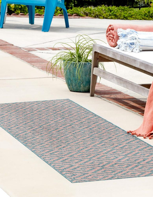 Pink and Aqua 2' x 8' Jill Zarin Outdoor Runner Area Rug Weather Resistant for Patio, Deck, Terrace, Balcony, Porch Durable 100% Polypropylene Carpet for Outside for Sale at Rug Engine